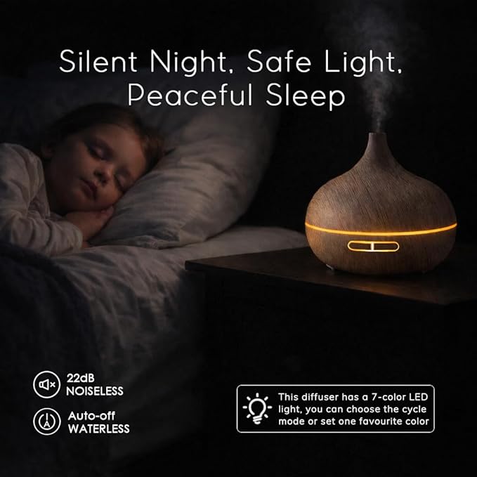 550ml Essential Oil Diffusers with Remote Control, Ultrasonic Oil Diffuser with Timer，7 Color LED Night Light and Waterless Auto-Off Functions for Home, Spa White Wood Grain