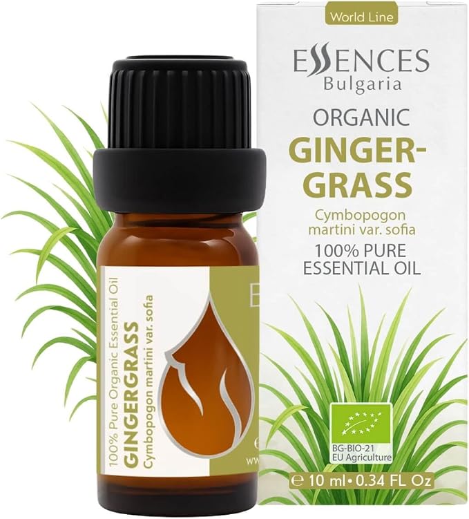 Essences Bulgaria Organic Gingergrass Essential Oil 0.34 Fl Oz | 10ml | Cymbopogon Martini VAR. Sofia | 100% Pure and Natural | Undiluted | Therapeutic Grade | Aromatherapy | Cosmetics | Cruelty Free
