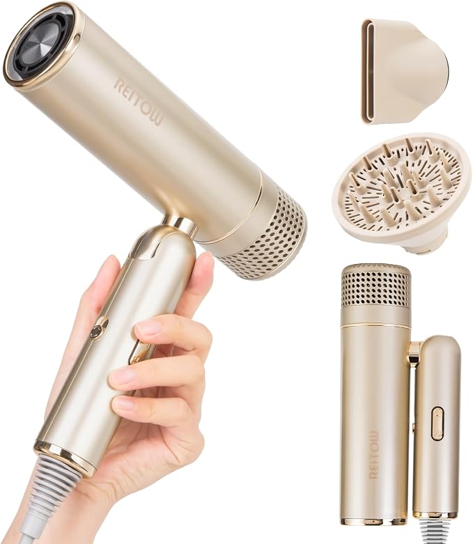 Dual-Voltage Foldable Travel Hair Dryer: Compact High Speed Plasma Diffuser Blow Dryer with Cool Shot - Lightweight/Portable -with Storage Bag & European Adaptor for All Hair Types Gold