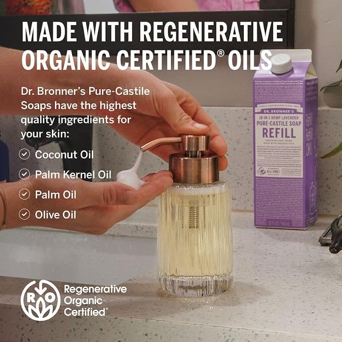 Dr. Bronner's Pure-Castile Liquid Magic Soap Refill - Made with Regenerative Organic Certified Oils, 86% Less Plastic per Quart - 18-in-1 Uses for Face, Body Wash, Hand Soap Refill- Lavender, 32oz