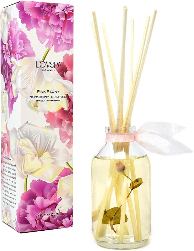 Pink Peony Reed Diffuser Set, Shelf Decor, Home Fragrance, Spa Scent | Peony, magnolia, and champagne profile, guest bath, decorative glass bottle, powder room, entryway, living room, office shelf