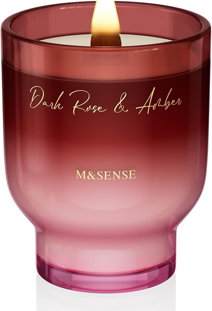 M&SENSE 16.6oz Natural Soy Large Jar Candle with Wooden Wick | Dark Rose Amber Scent | 95-Hour Burn & Long-Lasting Burn | Housewarming Gift for Men and Women