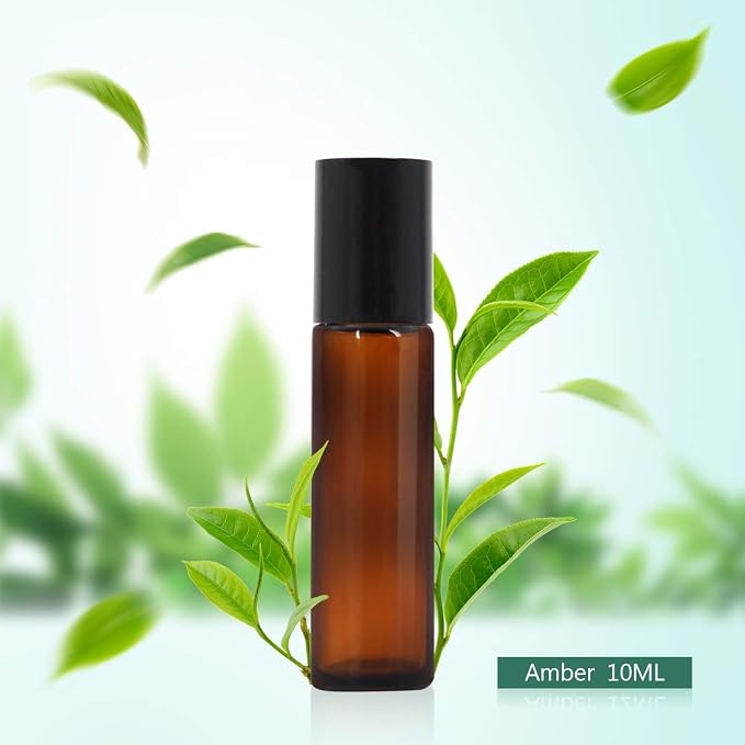 Mavogel 24 Pack 10ml Roller Bottles for Essential Oils, Amber Glass with Stainless Steel Roller Balls, Roller Bottles with Caps for Travel, Perfume and Lip Gloss