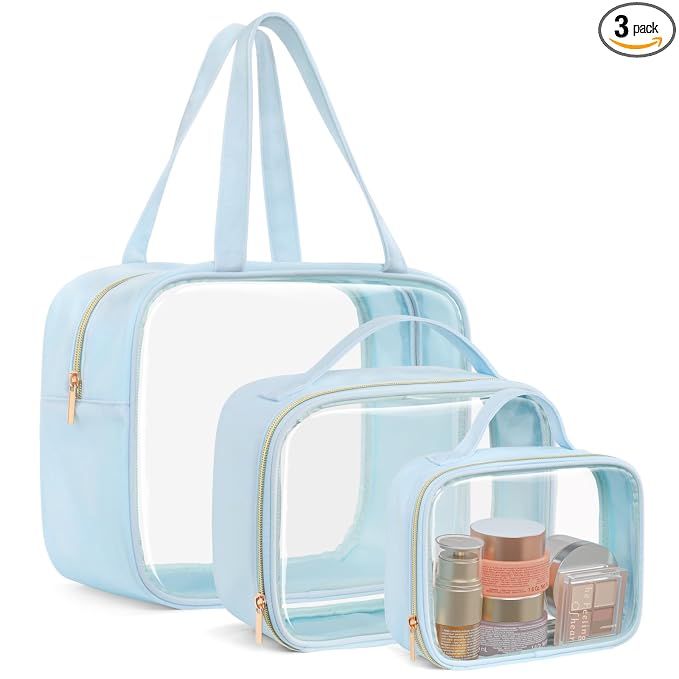 PACKISM Clear Makeup Bag Combo Pack, 1 TSA Approved Medium & Large/XL for Checked Luggage, Clear Toiletry Bag with Handle, Water-resistant Travel Essentials Organizer, Ice Blue