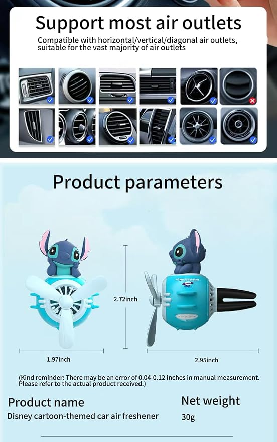 Stitch Car Air Fresheners - Cartoon Pilot Automotive Diffuser, Rotating Propeller Automotive Air Outlet Fan Creative Car Perfume Decoration Accessories with 2 Fragrances