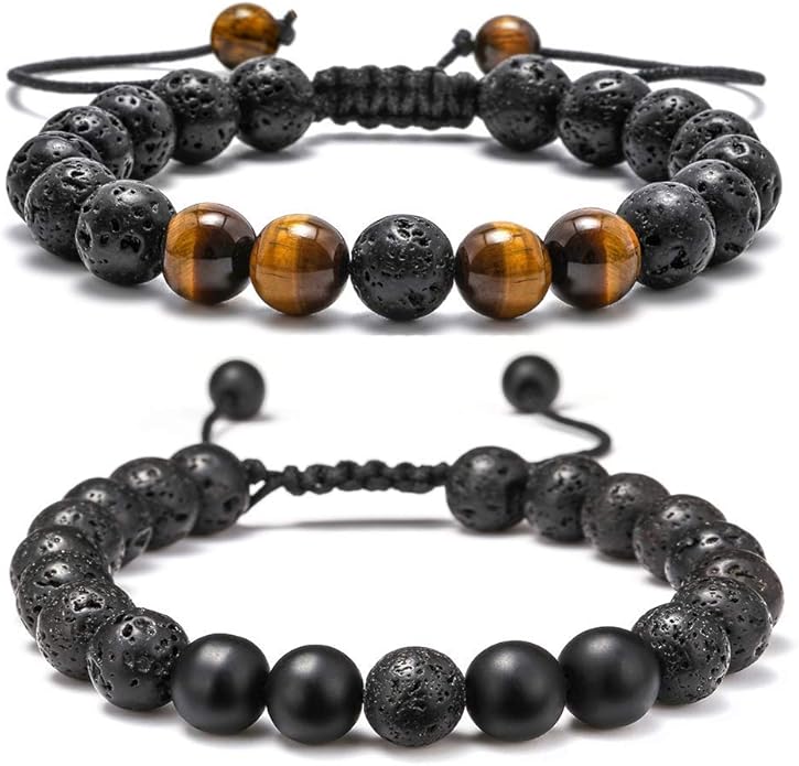 M MOOHAM Mens Bracelet - Beaded Natural Stone 8mm Tiger Eye Matte Agate Lava Rock Bracelets for Men Teen Boys Grandpa Dad Birthday Gifts Jewelry