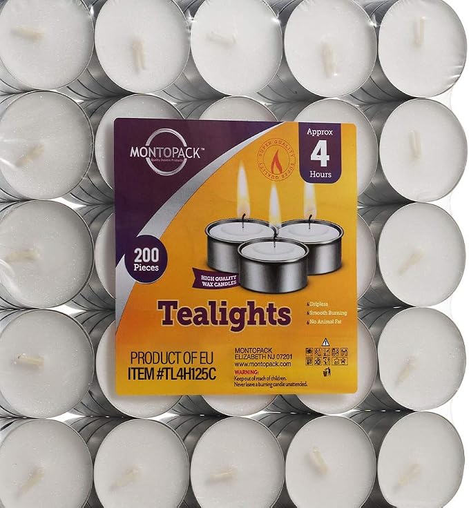 MontoPack Unscented Tea Light Candles 200 Pack | 4 Hours, White, Smokeless, Dripless Small Votive Paraffin Tealights | Long-Lasting for Home, Shabbat, Weddings, Events, Emergencies | Mini Candles Bulk