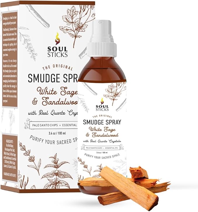 SOUL STICKS White Sage & Sandalwood Smudge Spray For Cleansing and Negative Energy | 3.5oz White Sage Smudge Spray with Real Quartz Crystals | Car Fragrance Sage Room Spray for Spiritual Cleansing