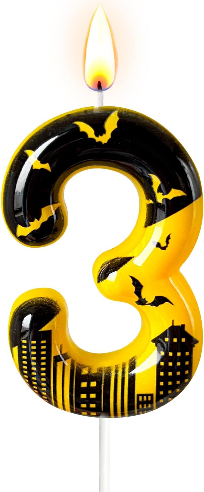 Black Yellow Number 3 Birthday Candle for Cake – Dark Night Hero Style with Bat & City Silhouette Design – Unique Cake Topper for Birthday, Anniversary, Themed Party Decoration