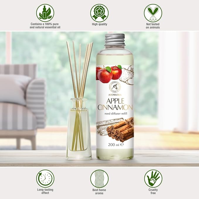 Reed Diffuser Refill Apple-Cinnamon 6.8Fl Oz - Room Fragrance with Cinnamon Essential Oil - Home Fragrance - Air Freshener - Aromatherapy - Spa - Home - Office - Club - Restaurant - Boutique