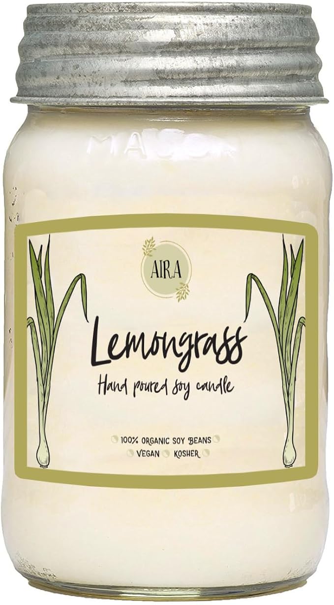 Aira Soy Candles - Organic, Kosher, Vegan, in Mason Jar w/Therapeutic Grade Essential Oil Blends - Hand-Poured 100% Soy Candle Wax - Paraffin Free, Burns 110+ Hours - Lemongrass - 16 Ounces
