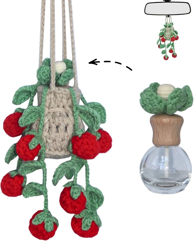 ROFIGL Handmade Crochet Hanging Car Air Freshener - Sweet Cherry Charm with 12ml Refillable Glass Essential Oil Bottle, Cute Car Accessories for Women & Bedroom Floral Decor