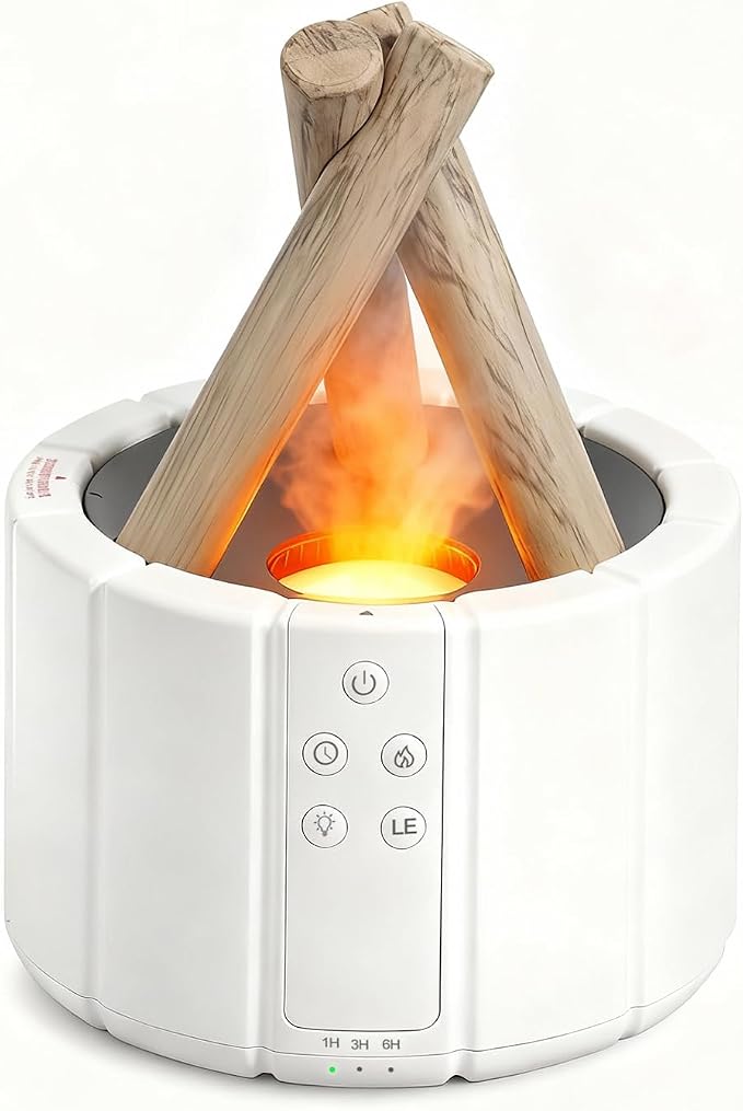 Campfire Flame Diffuser for Essential Oils, 250ml Ultrasonic Cool Mist Aromatherapy Humidifier with Remote Control, 7-Color LED Lights, Timer & Auto-Off for Home, Office & Bedroom (White)