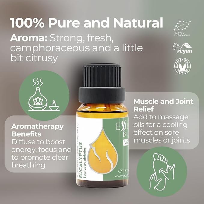 Essences Bulgaria Organic Eucalyptus Essential Oil 0.51 Fl Oz 15ml Eucalyptus globulus 100% Pure Natural Undiluted Therapeutic Grade for Aromatherapy Diffuser Humidifier Air Purifier Sauna Steam Room
