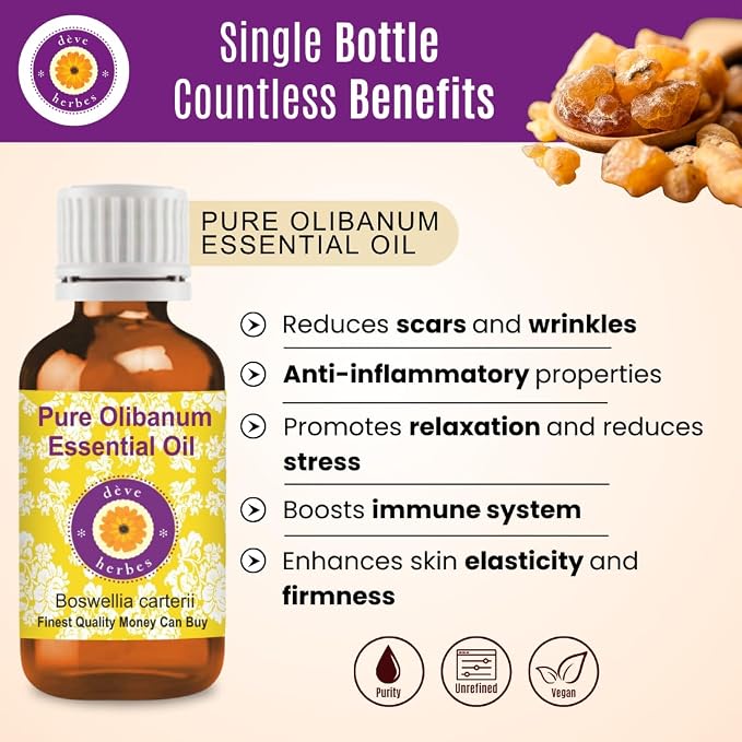 dève herbes Olibanum Essential Oil (Boswellia carterii) Pure | Non-Sticky | Non-Greasy | Lightweight | Men & Women | All Skin Types | Steam Distilled 15ml (0.5 oz)