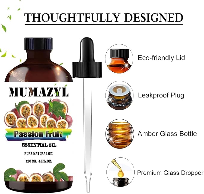 Passion Fruit Essential Oil, Passion Fruit Oil 4 Fl Oz 120ML for Diffuser Humidifier Yoga Cleaning DIY Candle Soap Making MUMAZYL Essential Oils