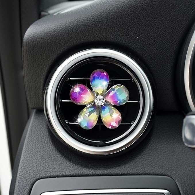 5PCS Bling Daisy Flower Car Air Vent Clips, Car Diffuser Vent Clip, Sparkling Crystal Rhinestone Cute Auto Air Conditioning Clamp, Diamond Air Outlet Clip Decor for Women Girls (Colorful)