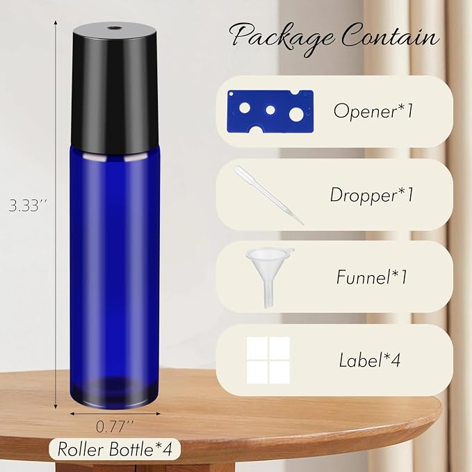 10ML Essential Oil Roller Bottles, 4 Pack Brown and Blue Oil Roller Bottles for Essential Oils, Roll on Bottle with Stainless Steel Balls(4 Labels, Opener, Funnel, Dropper Included)