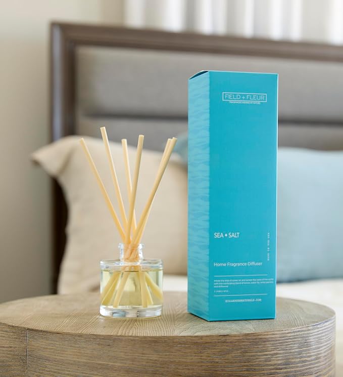 Field + Fleur - Reed Diffuser Set - Home Fragrance Diffuser - Refresh Home, Bedrooms, Bathrooms & More - Notes of Lemon, Water Lily, Jasmine & Driftwood - Made in the USA - Sea Salt Scent - 4 oz