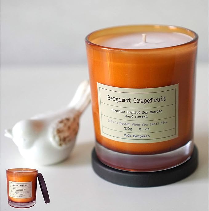 100% Natural Soy Wax Candle by CoCo Benjamin - Highly Scented & Hand-Poured Luxury Candle (Bergamot Grapefruit)- Clean Burning Cotton Wick