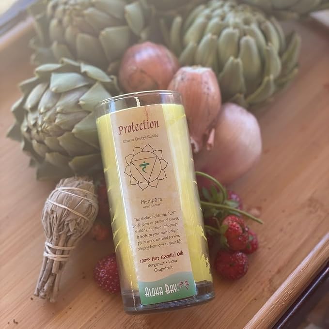 Premium Scented Candle Hand Made Chakra Energy Jar | 11 Oz Jar | Protection, Manipura| Yoga, Prayer & Meditation Candle | Long Burn 60 Hours | Essential Oils of Bergamot, Lime & Grapefruit | Aloha Bay