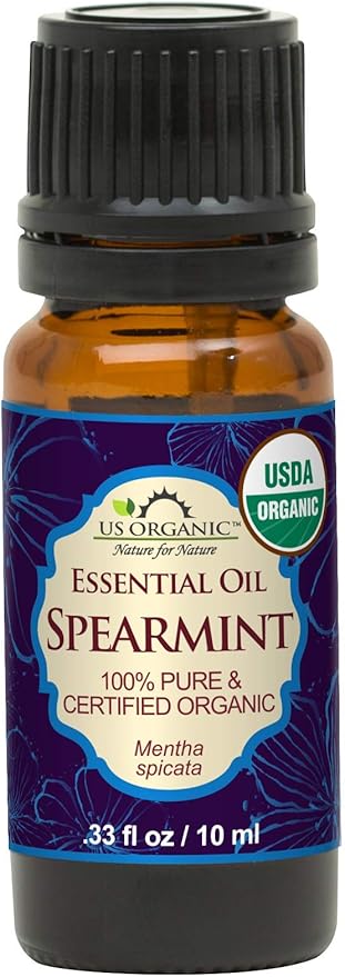 US Organic 100% Pure Spearmint Essential Oil - USDA Certified Organic, Steam Distilled - W/Euro droppers (More Size Variations Available) (10 ml / .33 fl oz)