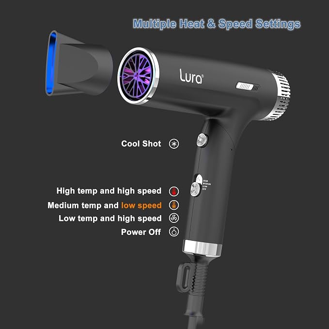 LURA Auto Dual Voltage Hair Dryer for International Travel,Travel HairDryers with Difffuser,Small Portable Blow Dryer for Women Lightweight,Compact Mini Blowdryers with Folding Hand for Kids(Black)