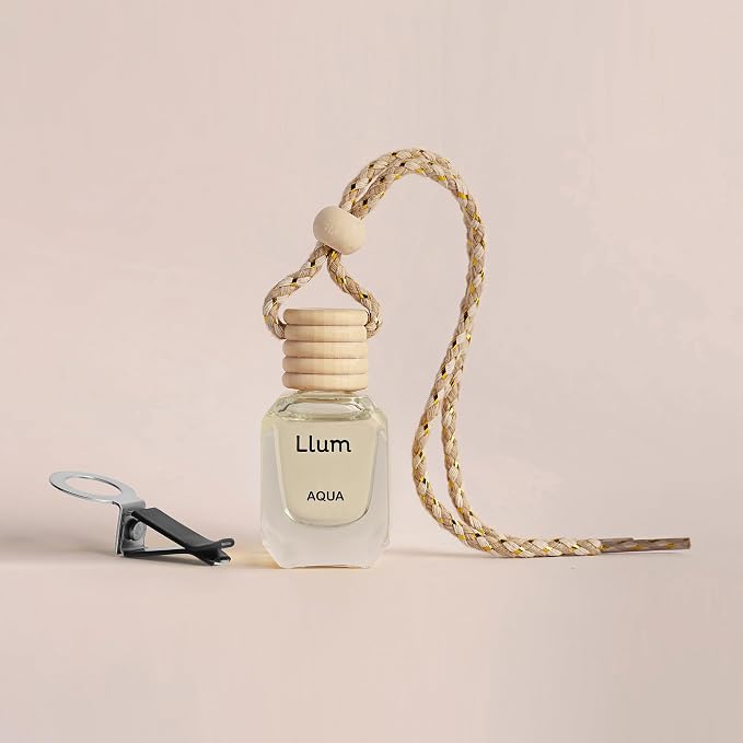 Llum Aqua Hanging Car Air Freshener – Luxury Automotive Perfume Diffuser 10ml (0.34 fl oz), Long-Lasting Fragrance, Alcohol-Free Non-Toxic Car Scent, Glass Bottle With Wood Cap & AC Vent Clip