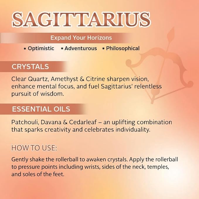 Sagittarius Zodiac Crystal-Infused Essential Oil Rollerball, Aromatherapy Blend - Inspiration & Focus, Premium Astrology Sign Birthday Gift, Natural Therapeutic Roller, 10 mL