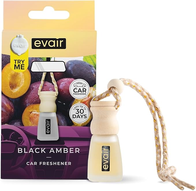 Evair Car Air Freshener | Hanging Air Freshener Car Diffuser | Long Lasting Scents made with Essential Oil | Alcohol Free (Black Amber)