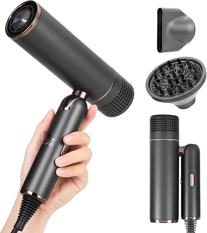 Dual-Voltage Foldable Travel Hair Dryer: Compact High Speed Plasma Diffuser Blow Dryer with Cool Shot - Lightweight/Portable -with Storage Bag & European Adaptor for All Hair Types Gray