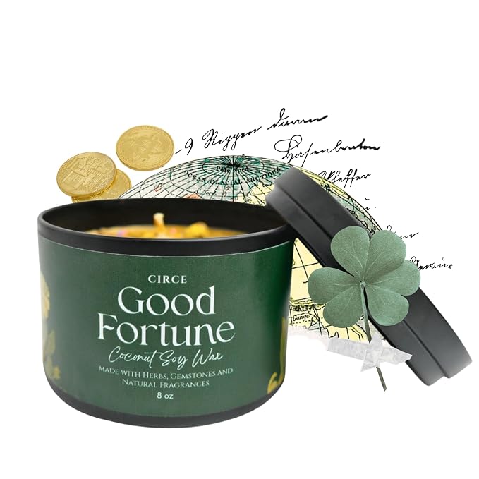 Circe Spell Candle “Good Fortune” Coconut Soy Wax Candle Jar – Premium Hand Poured & Long Burning – Herbs, Crystals & Natural Fragrance Oils - Invite Luck, Positivity & Success - Self Care, Gift- 8oz