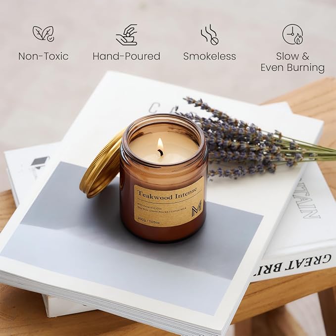 M&SENSE Teakwood Intense Scented Small Candle, 7.5Oz Aromatherapy Candle for Home Fragrance, Soy Wax Candles Gift for Birthday, Housewarming, Amber Jar Candle for Stress Relief, Meditation, Yoga