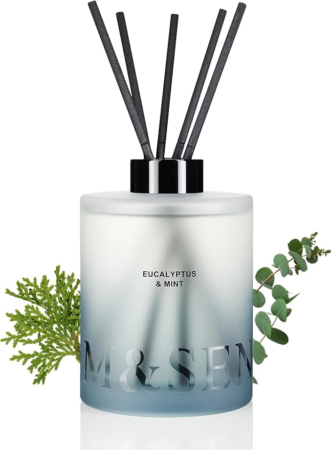 M&SENSE Eucalyptus & Mint Reed Diffuser Set - 16.9 fl oz Long-Lasting Fragrance, Non-Toxic Scent Diffuser with Natural Oil Sticks | Housewarming Diffuser Gift for Holiday, Bathroom & Home Decor