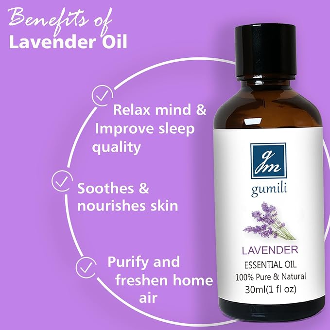 GM Gumili Lavender Essential Oil, Pure Lavender Oil for Skin, Hair, Diffuser, Spray, Body Wash, Lotion, Soap, Household - 1 Oz/30ml
