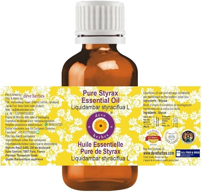 Deve Herbes Pure Styrax Essential Oil (Liquidambar styraciflua L) Steam Distilled 10ml (0.33 oz)