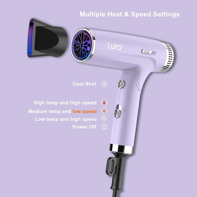 LURA Auto Dual Voltage Hair Dryer for International Travel,Travel HairDryers with Difffuser,Small Portable Blow Dryer for Women Lightweight,Compact Mini Blowdryers with Folding Hand for Kids(Purple)
