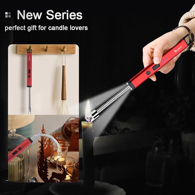 SUPRUS Rechargeable Candle Lighter Electric Arc Triple Safety Long Lighter Stainless Steel Shell & Hanging Hook (Red)