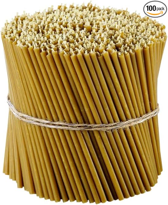 Danilovo Pure Beeswax Candles - Honey-Scented, Decorative Thin Taper Candles - Ideal for Birthday Decoration or Church Prayers - Drip Free, Tall & Smokeless Pack of 100 pcs, 6.3 x 0.2 inch