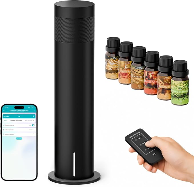 Waterless Scent Diffuser Starter Kit - Cold Air Diffuser Machine with 6 Essential Oils, 1500 Sq.ft Coverage for Large Room Home Office Hotel, Smart Aromatherapy Diffuser, Remote Control & APP, Timer