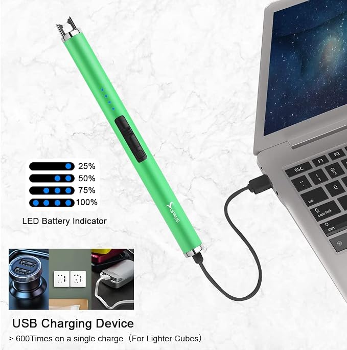 SUPRUS Fluorescent Lighter Glows in The Dark USB Lighter Rechargeable Windproof Pocket Size for Candle Cooking BBQ in Party (Green)