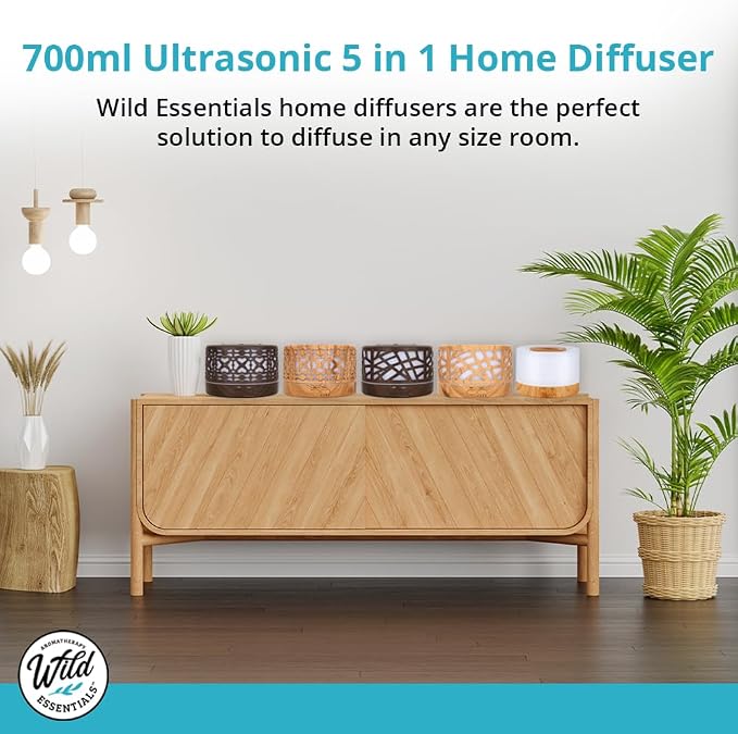 Wild Essentials 700ml Designer Large Room Essential Oil Diffuser, 5 in 1 Ultrasonic Aromatherapy Vaporizer Cool Mist Humidifier, Home, Office, Bedroom, Timer, Auto-Off, 7 Color LED (Dark Wood Hearts)