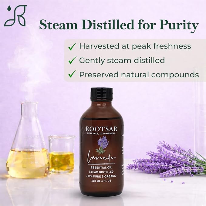 Lavender Essential Oil – 100% Pure Organic Lavender Oil, Steam Distilled, 4 FL OZ / 118 ML – Premium Essential Oil for Diffuser, Aromatherapy, Massage, Skin Care, Candle & Soap Making