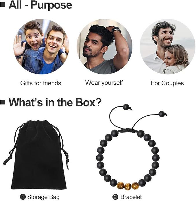 M MOOHAM Mens Bracelet - Beaded Natural Stone 8mm Tiger Eye Matte Agate Lava Rock Bracelets for Men Teen Boys Grandpa Dad Birthday Gifts Jewelry