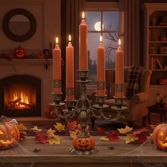 Earth Tone Chunky Taper Candle 9 inch Tall Tapered Candle Pumpkin Unscented Smokeless Long-Lasting Burn Thick Tapered Candle for Fall Harvest Halloween Thanksgiving Dinners Parties and Home Décor