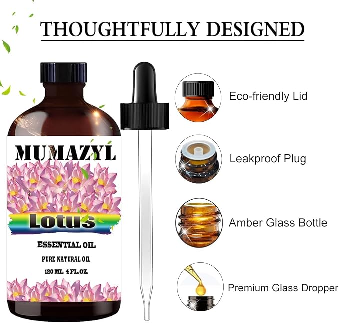 Lotus Essential Oil, Lotus Oil 4 Fl Oz 120ML for Diffuser Humidifier Yoga Cleaning DIY Candle Soap Making MUMAZYL Essential Oils