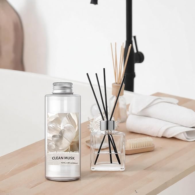 STRN Reed Diffuser Oil Refill, Clean Musk Scented Diffuser Oil Refills with 6 Reed Sticks 200ML(6.8fl.oz), Room Fresheners for Home, Long-Lasting Summer Fragrance for Living Room, Bedroom, Office