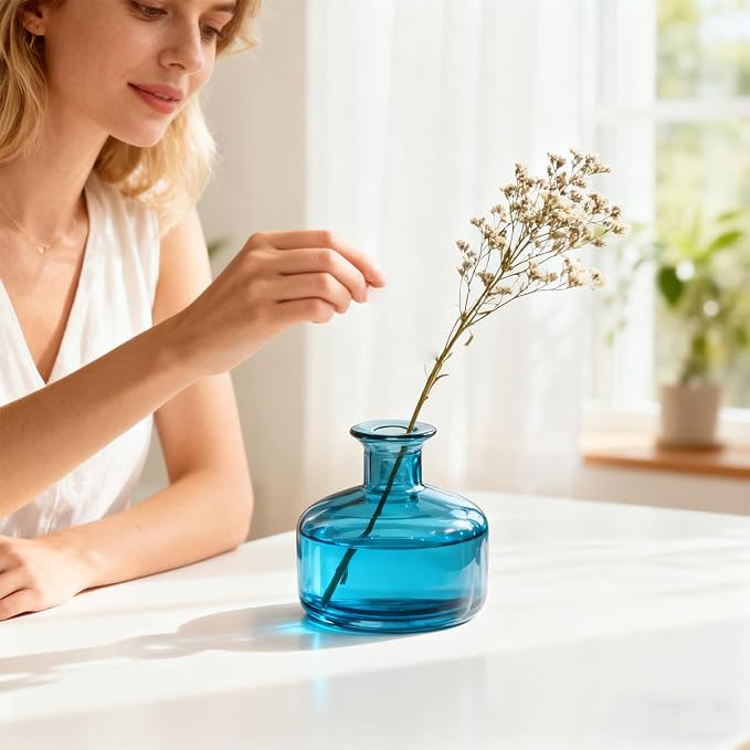 1 Pack Blue Glass Reed Diffuser Bottle, 200ml Rounded Belly Aromatherapy Diffuser Jar, Empty Essential Oil Fragrance Bottle for DIY Replacement Reed Sticks Home Office Decor
