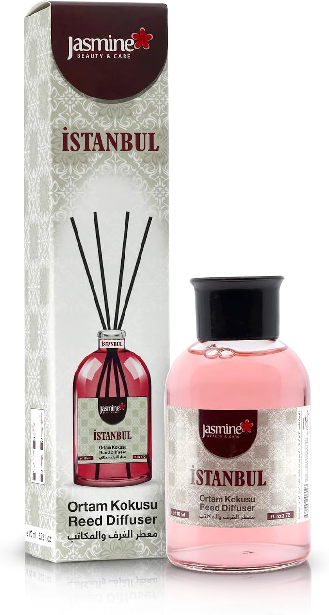 Jasmine Turkish Reed Diffuser (Istanbul) Set 3.72 fl.oz, 110ml, Oil Reed Diffuser with 4 Sticks for Your Office, Bedroom, Bathroom and Kitchen. A Nice Gift to Love. Jasmine Beauty And Care., White