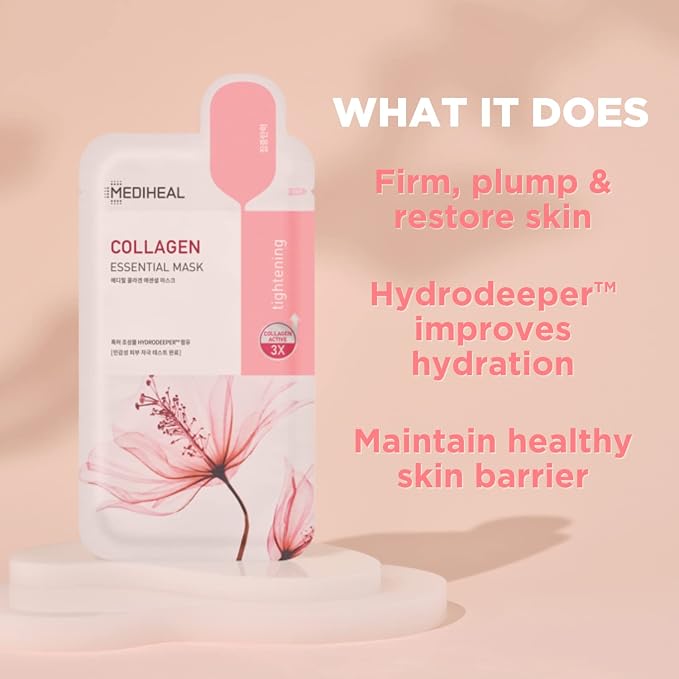 Mediheal Official Best Korean Sheet Mask - Collagen Essential Face Mask 10 Sheets Lifting and Firming For All Skin Types Value Sets (Pack of 2)